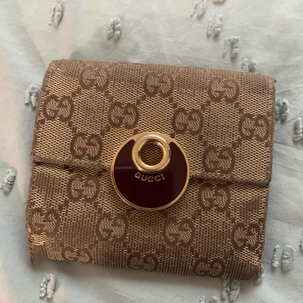 Gucci Tan Wallet with Signature Monogram Canvas and Gold-Tone Hardware